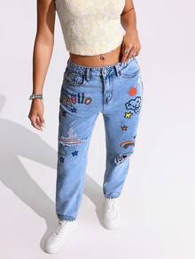 Jeanoix Quần jean denim rách, in hình hoạt hình, kiểu dáng thường ngày. - Màu xanh lam - Xem 3