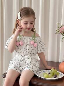 4-8Y 2pcs/Set Girls Summer Matching Floral All-Over Print Jacquard Spaghetti Strap Tulip Flower Ruffle Top & Bow Shorts Set,Family Vacation Holiday - Multicolor - View 8