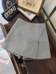 SHEIN LUNE Falda-pantalón de doble capa con dobladillo dividido, de mezcla de lana, tipo línea A, gruesa y antiexposición - Gris Claro - Ver 4