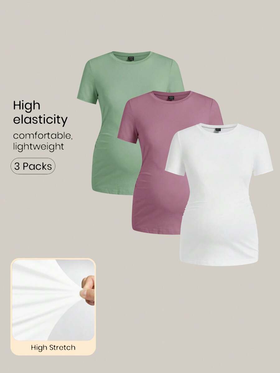 Modmama Maternity Casual Solid Color Short Sleeve Fitted T-Shirt, Summer - Multicolor - View 1