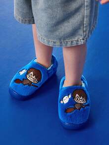 HARRY POTTER X SHEIN Cute Embroidery Cartoon Hedwig Blue Children's Boys Non-Slip Indoor Elastic Band Slippers Toddlers & Kids Soft Plush Warm House Shoes, Lightweight And Durable EVA Sole, Home Bedroom Air-Conditioned Room,Spring & Autumn & Winter - Blue - View 2