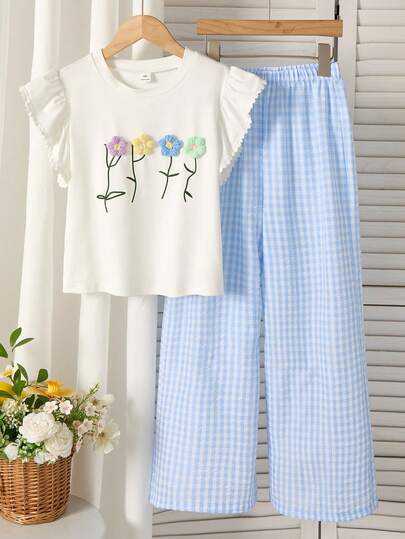 ChillGRL 2件套少女休闲可爱荷叶边印花T恤和格子裤套装，适合日常、通勤、休闲、度假、朋友聚会、春夏穿着。