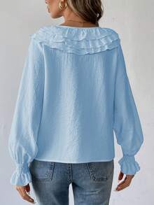 Selianne Women's Elegant Solid Color V-Neck Ruffle Trim Casual Versatile Long Sleeve Blouse - Baby Blue - View 2