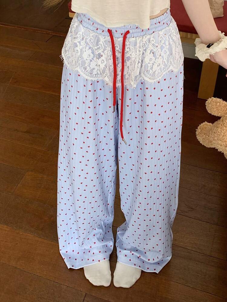 Heart Pattern All-Over Print Lace Ruffle Trim Women Pajama Bottoms