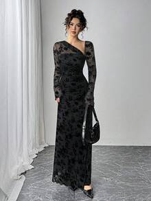 Siren Gaze French-Style Luxury Off-The-Shoulder Velvet Long-Sleeve Evening Gown,Retro Black Floral Printed Slim-Fit Autumn Elegant Dining Banquet Formal Dress - Black - View 5