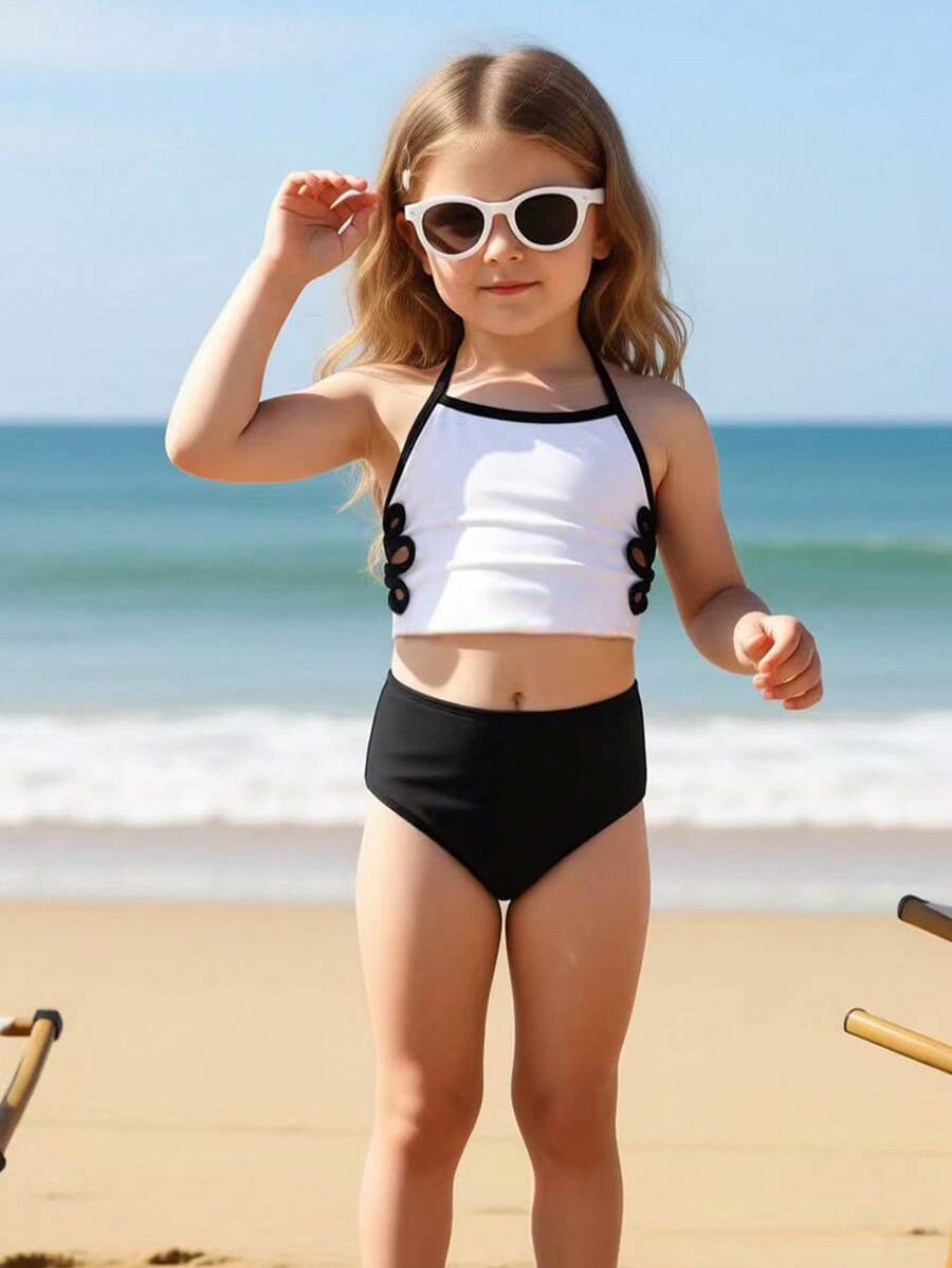 1件套少女黑白弹力速干舒适针织泳衣，镂空花卉设计，适合海滩、泳池、海边、冲浪、度假、夏季穿着。高腰泳衣套装，黑白泳装，黑白两件式泳衣比基尼套装，高腰黑色女童泳衣，两件式泳衣，女童高腰泳衣，夏季两件式泳衣套装，青少年泳衣。 - 黑與白 - 查看 1