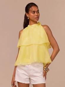 COSMINA 无袖露背上衣，欧根纱面料，双层设计，黄色衬衫，适合情人节、约会、婚礼宾客、海滩度假、夏季女式衬衫 - 黃色 - 查看 2