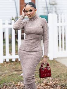 Melissa Matos Turtleneck Long Sleeve Bodycon Dress - Mocha Brown - View 5