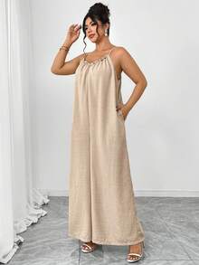 EMERY ROSE Mono de pierna recta con decoración de volantes en el busto, de tela similar al lino, para talla grande. Uso casual para salir, ir al trabajo, citas, fiestas, vacaciones - Albaricoque - Ver 5