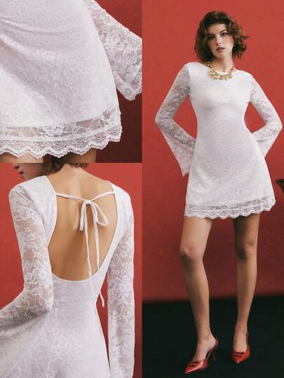 Poéselle 女士优雅蕾丝喇叭袖收腰短款连衣裙，适合春、夏、秋季穿着