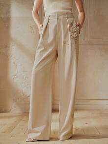 Anewsta Pantaloni da donna in tessuto jacquard, pantaloni eleganti da vacanza per signore con gamba dritta e decorazioni in perle - Albicocca - Visualizzare 3