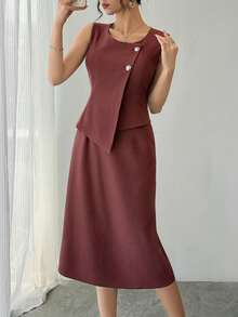 DAZY Women's Round Neck Sleeveless Asymmetrical Design Elegant Mid-Length Dress Sundress - Mocha Brown - View 3