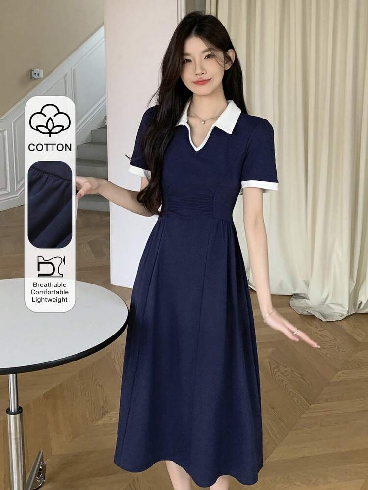 Color Block Pleated Polo Collar Mid-Length Dress For Women Sundress Shirt Dress,Casual Women Dresses