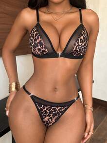 2pcs Leopard Print Mesh Patchwork Camisole Bra Set - Multicolor - View 6