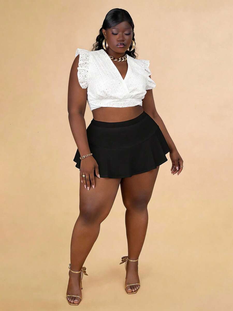 CurvyTilda Plus High Waist Two Layer Hem Skort - Black - View 1