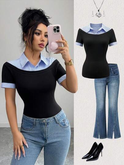 Elenzga 女士蓝白条纹拼接修身短袖休闲T恤，翻领设计，适合通勤、休闲、工作办公等场合，夏季穿着。