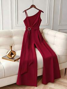Elenzga Plus Size Women Elastic Knit Elegant Jumpsuit Pants, Metal Buckle, Asymmetric Design - Burgundy - View 8