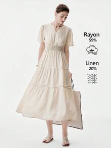 Aalyst 女士春夏斜纹亚麻法式优雅职业装度假休闲下午茶浪漫高端圆领褶皱腰部A字中长连衣裙，短袖 - 杏色 - 查看 1