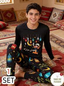 SHEIN Tween Boy Casual Cartoon Star & Moon Print Snug Fit Long Sleeve Crew Neck Pajama Set, Suitable For Autumn/Winter - Black - View 12