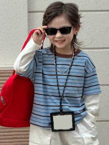 DAZY Young Boy Patchwork Striped Round Neck Long Sleeve Casual T-Shirt - Blue - View 1