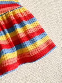 SHEIN Young Girl Casual Colorful Striped Ruffle Hem Dress, Summer - Red - View 8