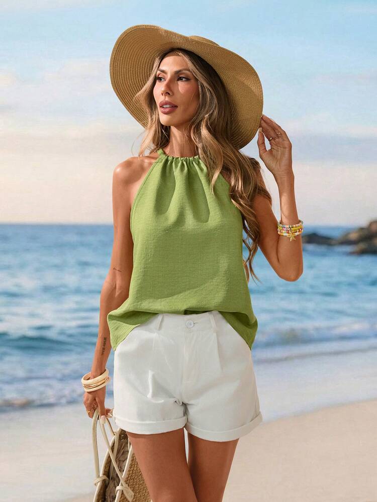 Casual avocadogroene haltertop voor dames, zomerse vakantietop, strandtop voor dames - Groen - Bekijken 2