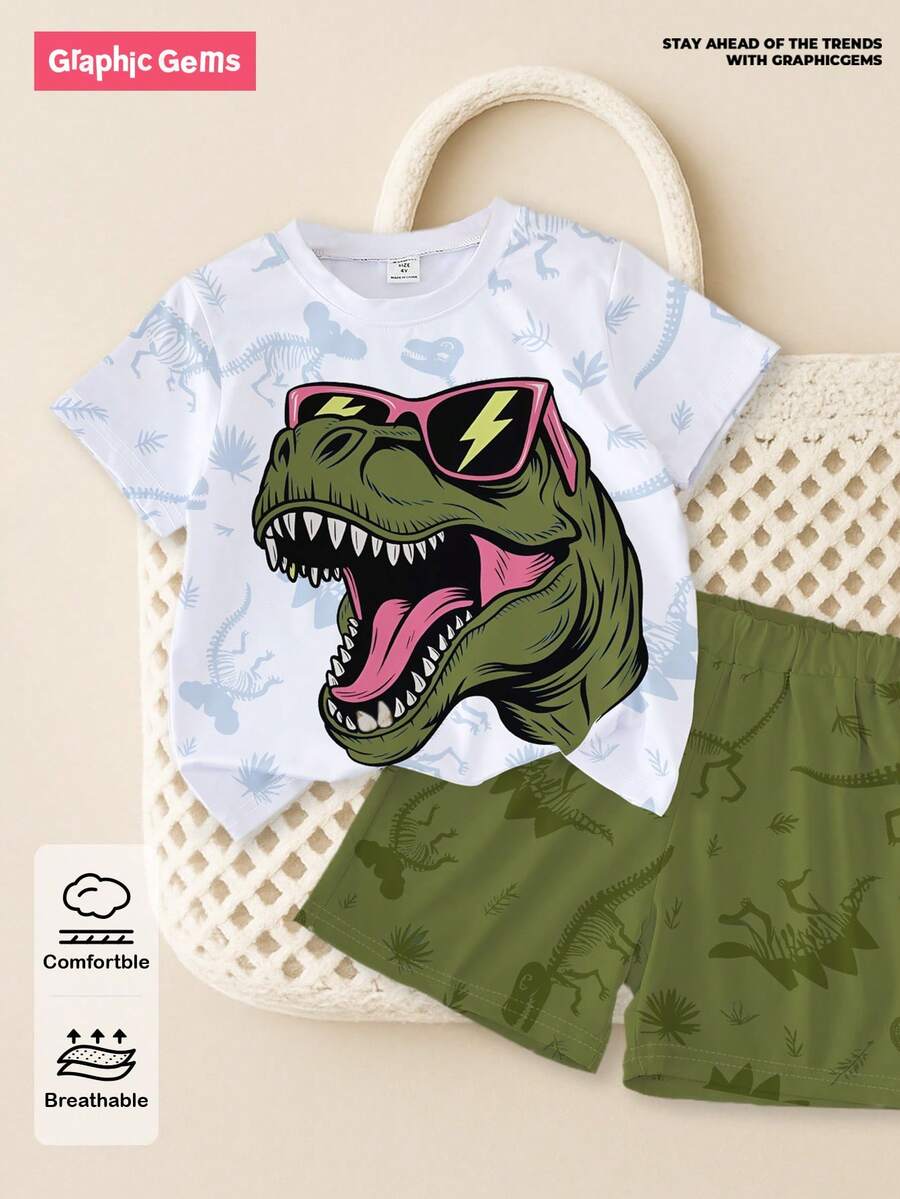 SHEIN GraphicGems 1 Set Young Boys Casual Cartoon Dinosaur Graphic Short Sleeve Crew Neck T-Shirt And Shorts Set, Suitable For Outings, Sports, School In Spring/Summer - Multicolor - View 1