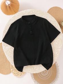 SHEIN Teen Boys' Casual Soft Textured Fabric Short Sleeve Crew Neck T-Shirt,Fashionable Versatile Summer Streetwear For School,Parties,Leisure & Outdoor - Black - View 3