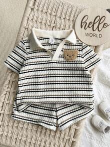 2pcs Baby Boy Cute Casual Striped Polo Collar Knit Top & Elastic Waist Shorts Set - Brown - View 8