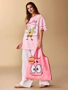 SpongeBob SquarePants | SHEIN 1个可爱卡通人物印花可折叠购物袋/手提袋，带小收纳袋和可挂在袋子上的珠链，蟹黄堡图案，粉色，可爱，卡哇伊 - 粉色 - 查看 4