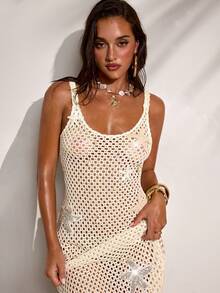 SHEIN X YERIMUA SHEIN BAE Đầm gợi cảm không tay dành cho nữ với thiết kế khoét rỗng hình sao biển. - Màu be - Xem 5