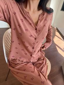 DAZY 女士针织蝴蝶结印花开衫长袖睡衣套装（2件套）+裤子，秋季款 - 粉色 - 查看 6