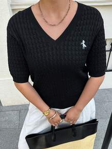 Dazy Plus V领刺绣马图案休闲短款黑色针织上衣，春夏款 - 黑色 - 查看 1