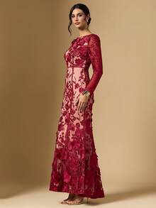 Briarwyn 女士优雅派对3D立体花卉刺绣网纱连衣裙 - 酒紅色 - 查看 7