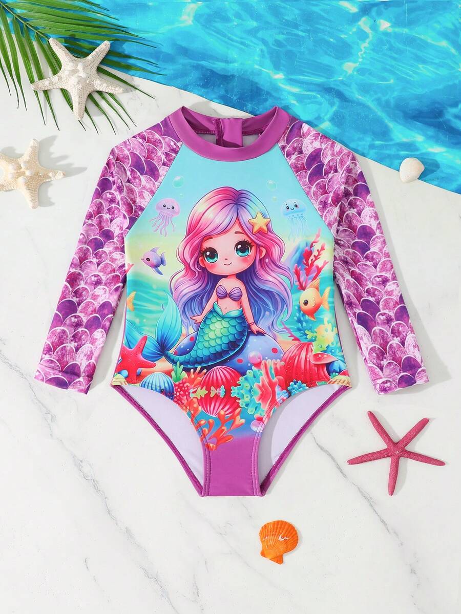 少女连体长袖泳衣，拉链设计，流行拼接印花沙滩度假泳装 - 彩色 - 查看 1