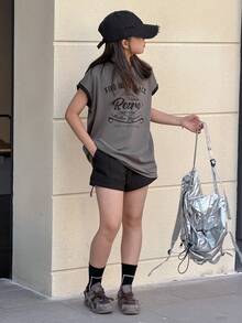 Dazy Kids Tween Girls' Casual Letter Graphic Contrast Trim Round Neck T-Shirt, Summer - Dark Grey - View 2