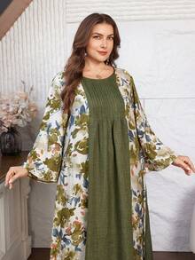 Lacomfia Plus Size 2pcs Set: Solid Color Patchwork Print Long Sleeve Midi Shirt & Elastic Waist Wide Leg Pants, Spring/Autumn - Multicolor - View 5