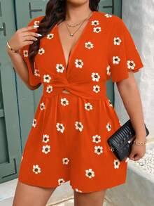 EMERY ROSE Plus Size Women Floral Print V-Neck Drawstring Waist A-Line Short Sleeve Casual Elegant Shorts, Spring/Summer Women's Floral Romper Orange Floral Romper Plus Size Romper Orange Romper - Burnt Orange - View 7