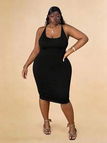 CurvyTilda Plus Criss Cross Backless Ruched Bodycon Dress, For Hourglass Body Shape, For Body Shape, For Summer - Black - View 3