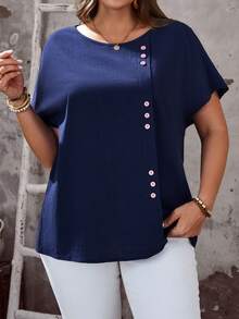 EMERY ROSE 大码女式夏季休闲度假乡村风圆领短袖纽扣装饰纯色藏蓝色衬衫上衣，适合春夏度假、春假外出等场合，2026新款，简约时尚，日常穿着皆宜，蓝色上衣 - 藏蓝色 - 查看 5