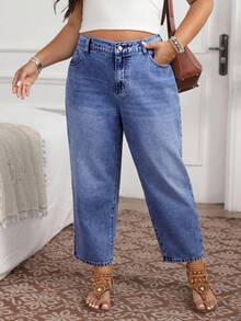 EMERY ROSE Quần jean trơn đơn giản cỡ lớn - Rửa trung bình - Xem 7