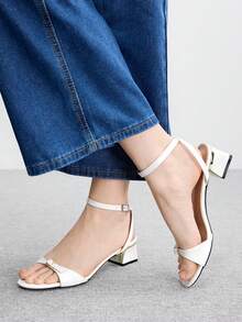 CUCCOO BIZCHIC Giày sandal hở mũi mũi tròn cho nữ, kiểu dáng thanh lịch kiểu Pháp, gót chunky, phù hợp với váy, thích hợp cho mùa hè và ngày Valentine. - trắng - Xem 4