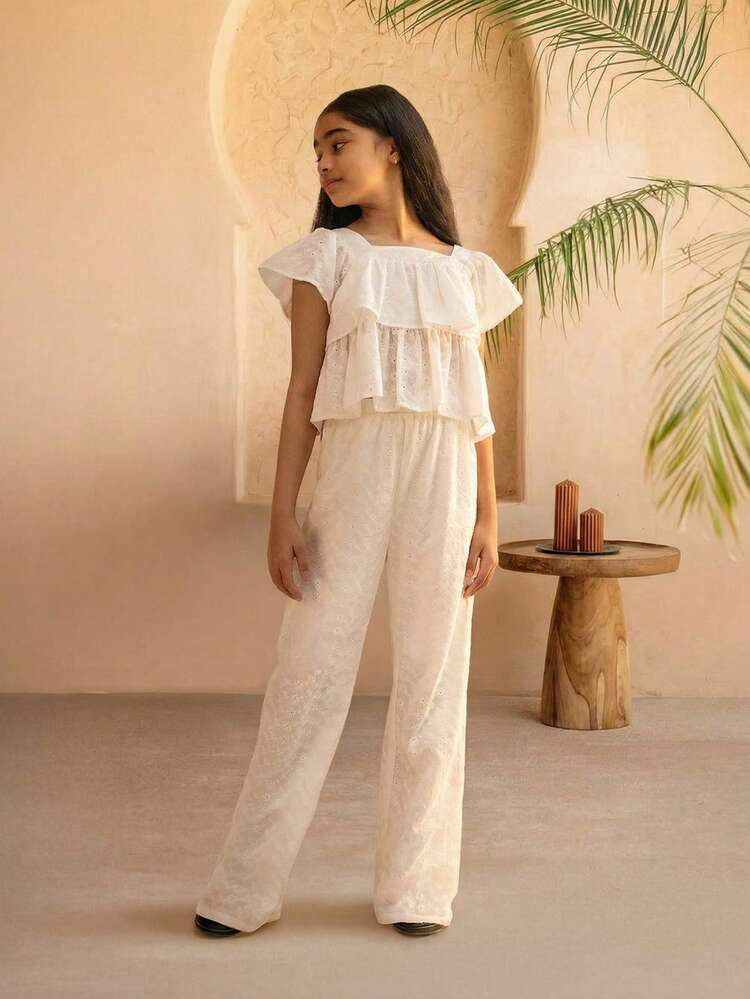 Eyelet Ruffle Top And Wide Leg Pants Set