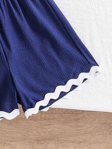 Genkimix Kids 女童纹理面料撞色下摆无袖上衣和休闲短裤T恤套装 - 藏蓝色 - 查看 4