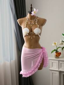 Bellisia Women's Summer Beach Vacation Mesh Frill Trim Wrap Tie Sarong Skirt - Pink - View 3