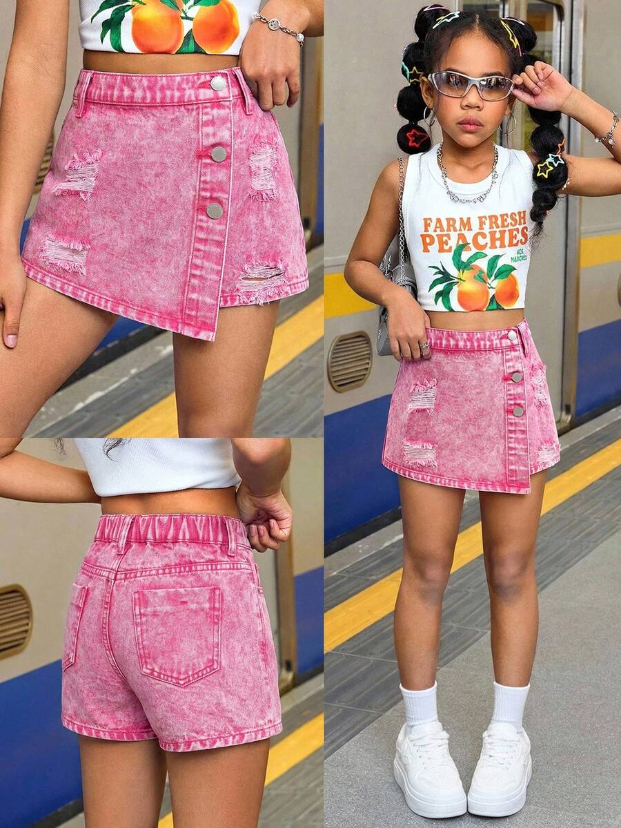 SHEIN Tween Girl Pink Summer Streetwear City Break Y2k Vintage Cut Out Ripped Frayed Short Denim Skirt Pants,Fashion Homecoming Festival Rave Denim Shorts - Pink - View 1