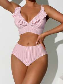 SHEIN Swim 条纹印花荷叶边吊带泳衣 - 粉色 - 查看 5
