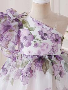 SHEIN 小女孩碎花短袖公主裙，新款蓬蓬裙派对礼服 - 紫色 - 查看 9