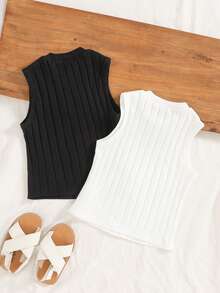 Emery Rose Kids Young Girl Heart Embroidery Ribbed Casual Round Neck Tank Top - Multicolor - View 2