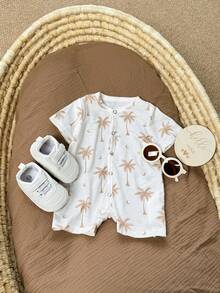 SHEIN 新生女宝宝可爱休闲卡通图案针织连体衣 - 米色 - 查看 3